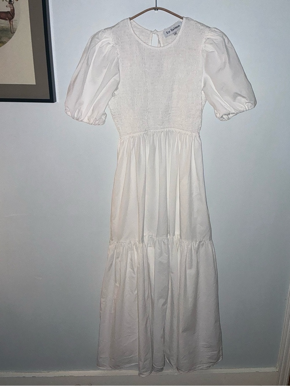 En Saison White Puff Sleeve Tiered Maxi Dress. Size Small